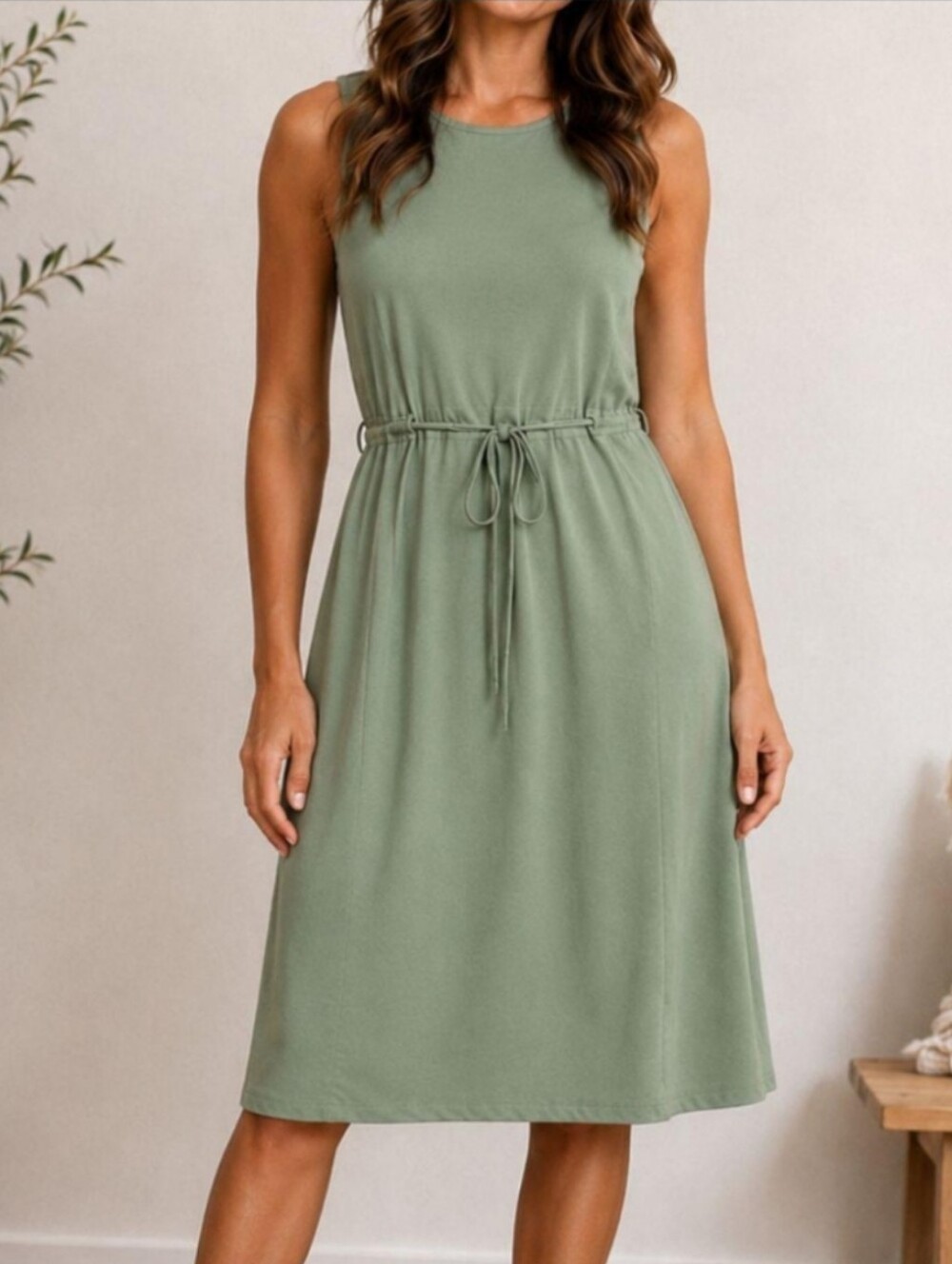 NWT Peace & Pearls Women's XL Sage Green Drawstring Waist Dress Sleeveless Knee